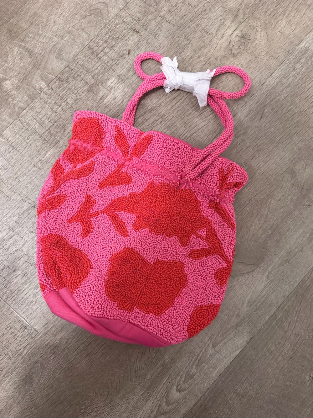 Pink Floral Beaded Tote Bag with Rope Handles